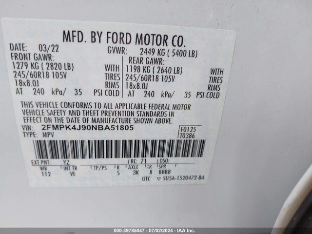 Ford EDGE SEL 2022 2FMPK4J90NBA51805 Image 9
