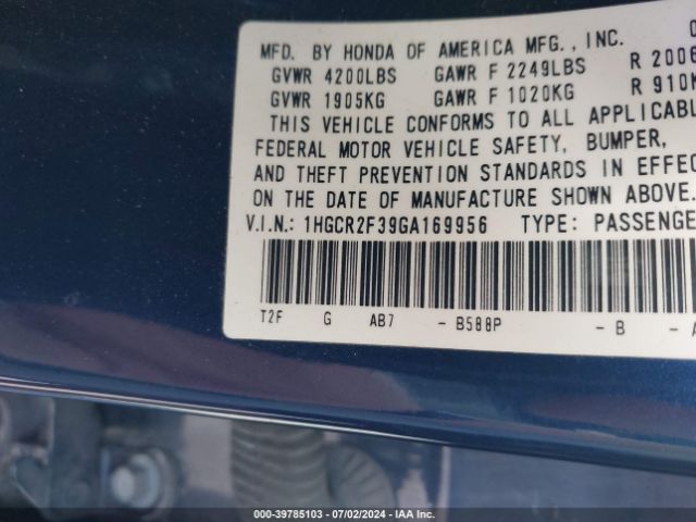 1HGCR2F39GA169956 Honda ACCORD LX