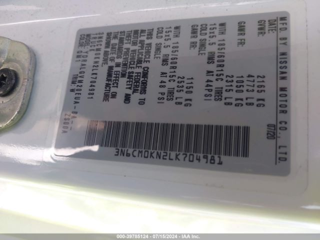 3N6CM0KN2LK704981 Nissan Nv200 Compact Cargo Sv Xtronic Cvt