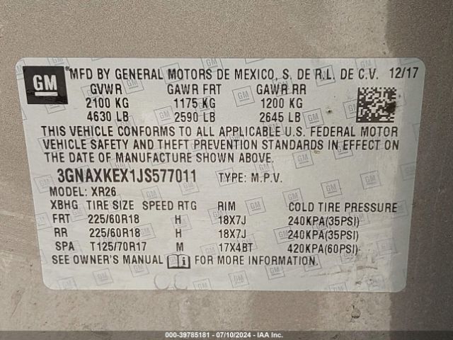 3GNAXKEX1JS577011 Chevrolet EQUINOX LT