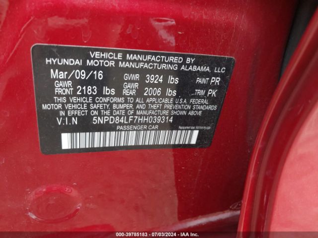 5NPD84LF7HH039314 Hyundai ELANTRA SE