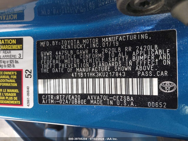 Toyota CAMRY SE 2019 4T1B11HK3KU217843 Image 9