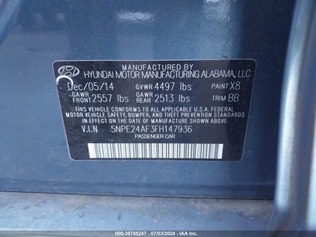 5NPE24AF3FH147936 Hyundai SONATA SE