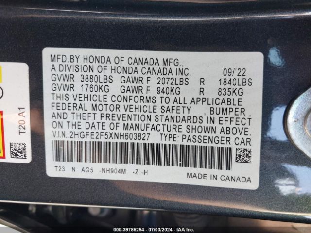 2HGFE2F5XNH603827 Honda Civic Sport
