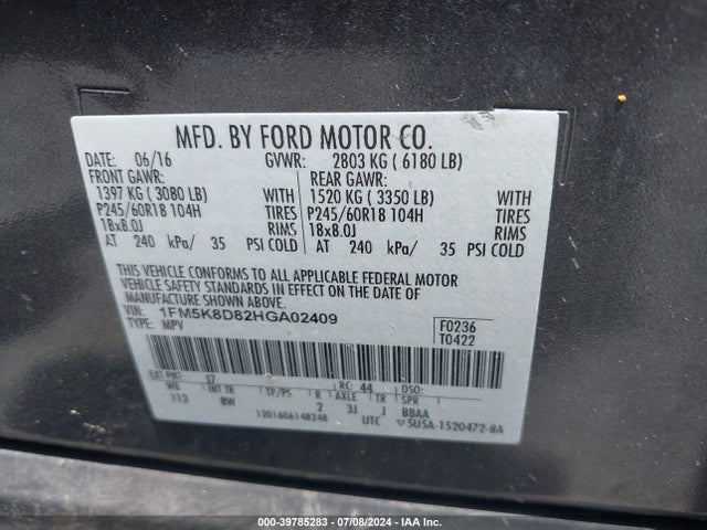 Ford EXPLORER XLT 2017 1FM5K8D82HGA02409 Image 9
