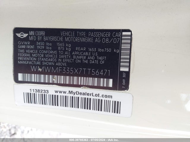 2007 MINI COOPER WMWMF335X7TT56471 Photo 8