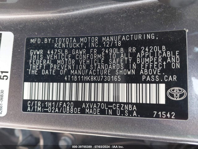 Toyota CAMRY LE 2019 4T1B11HK8KU730165 Image 9
