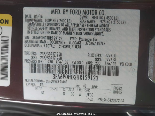 Ford FUSION SE 2017 3FA6P0HD3HR129123 Image 9