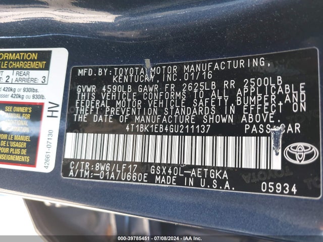 Toyota Avalon Xle Plus 2016 4T1BK1EB4GU211137 Image 9