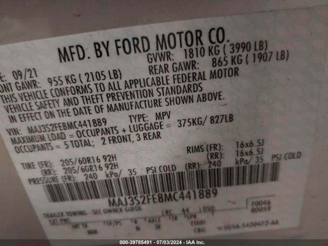 MAJ3S2FE8MC441889 Ford ECOSPORT S