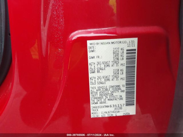1N6ED1EK9NN636157 Nissan Frontier Sv 4x4