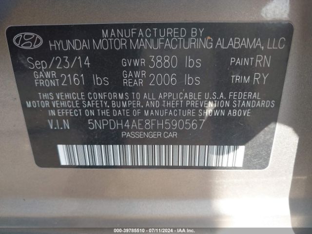 5NPDH4AE8FH590567 Hyundai ELANTRA SE