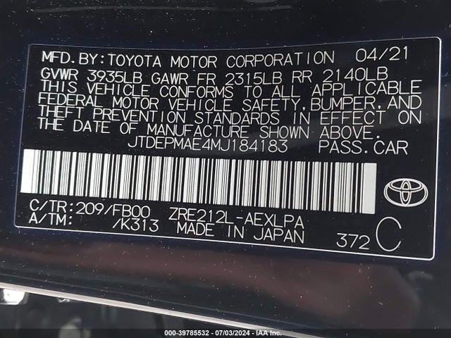 Toyota COROLLA LE 2021 JTDEPMAE4MJ184183 Image 9