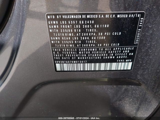 3VV2B7AX7KM013417 Volkswagen Tiguan 2.0t Se/2.0t Sel/2.0t Sel R-line/2.0t Sel R-line Black