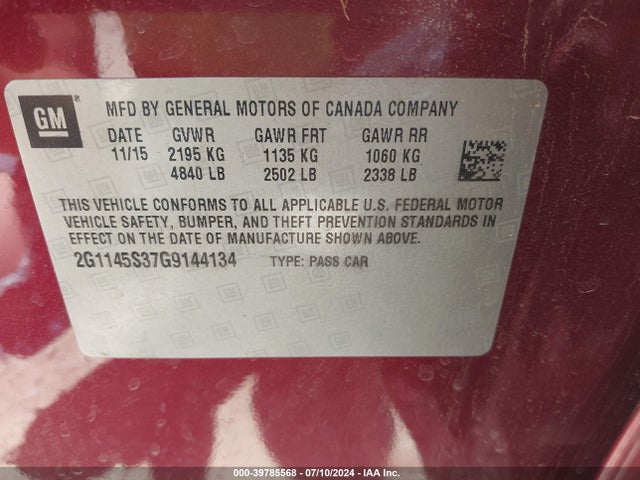 Chevrolet IMPALA 2LZ 2016 2G1145S37G9144134 Image 9