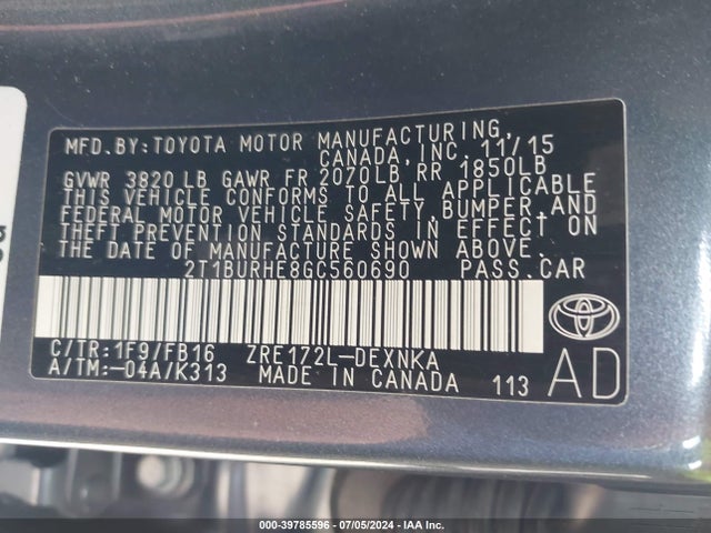 Toyota COROLLA LE 2016 2T1BURHE8GC560690 Image 9