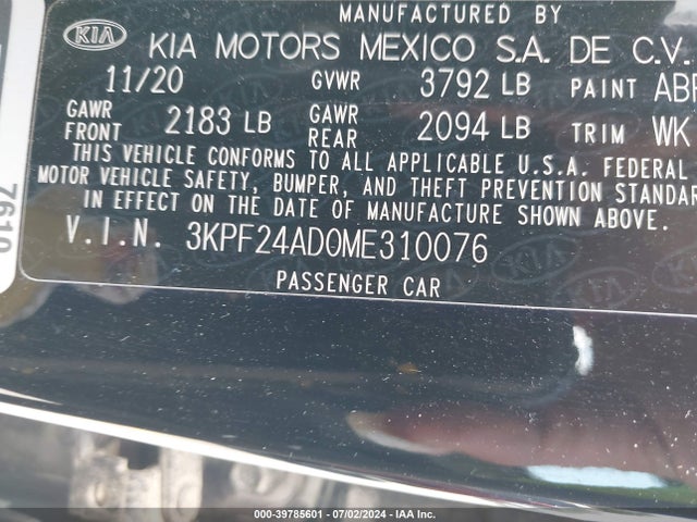 2021 Kia Forte Lxs მანქანა იყიდება აუქციონზე, vin: 3KPF24AD0ME310076, აუქციონის ნომერი: 39785601