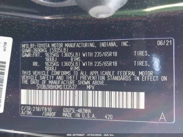 Toyota Highlander Le 2021 5TDBZRBH0MS133527 Image 9