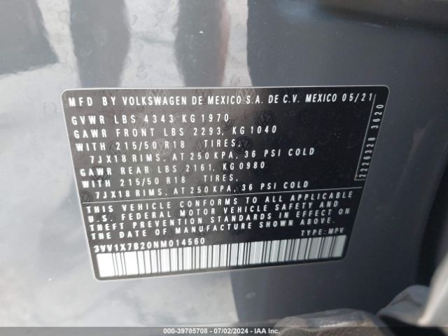 3VV1X7B20NM014560 Volkswagen Taos 1.5t Sel