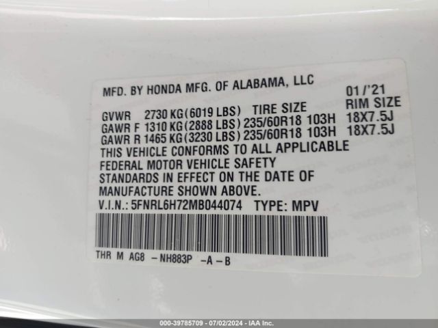5FNRL6H72MB044074 Honda Odyssey Ex-l