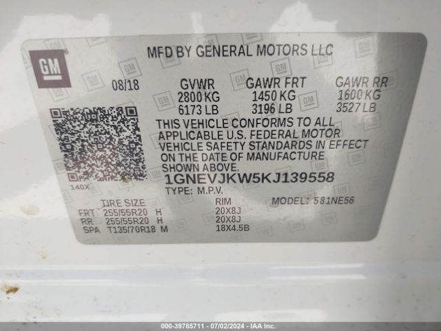 1GNEVJKW5KJ139558 Chevrolet Traverse High Country