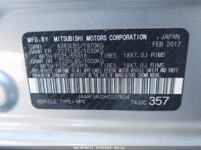 JA4AP3AU0HZ037604 Mitsubishi Outlander Sport 2.0 Le