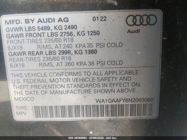 WA1GAAFY6N2063060 Audi Q5 Premium 45 Tfsi S Line Quattro S Tronic
