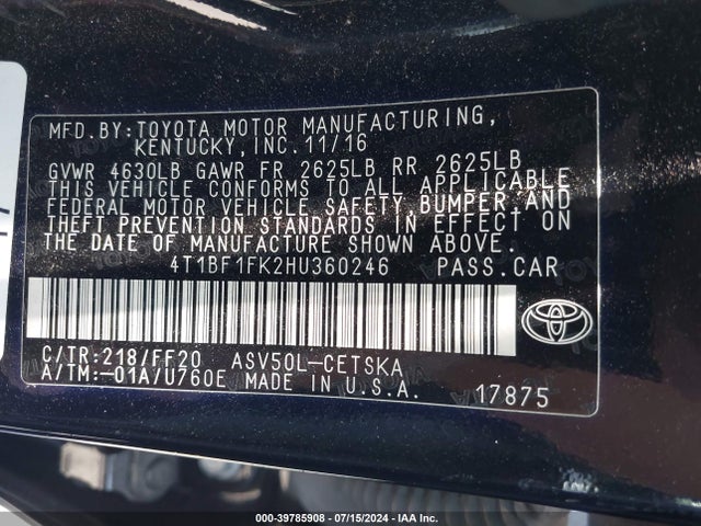Toyota CAMRY SE 2017 4T1BF1FK2HU360246 Image 9