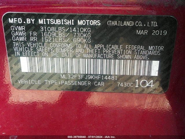 ML32F3FJ9KHF14481 Mitsubishi Mirage G4 Es