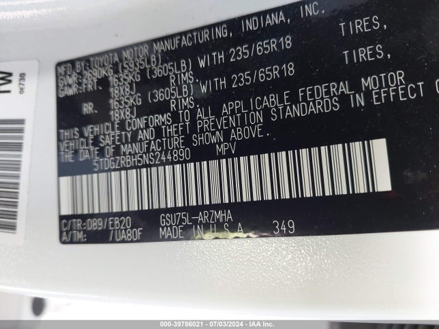 Toyota Highlander Xle 2022 5TDGZRBH5NS244890 Image 9