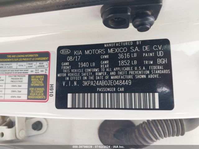 3KPA24AB0JE048449 KIA RIO LX