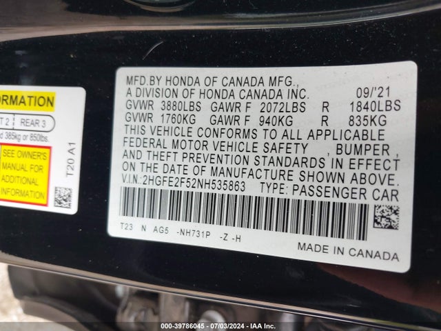 Honda Civic Sport 2022 2HGFE2F52NH535863 Image 9