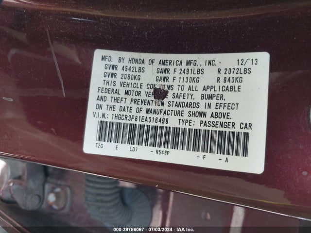 Honda Accord Ex-l V-6 2014 1HGCR3F81EA016499 Image 9