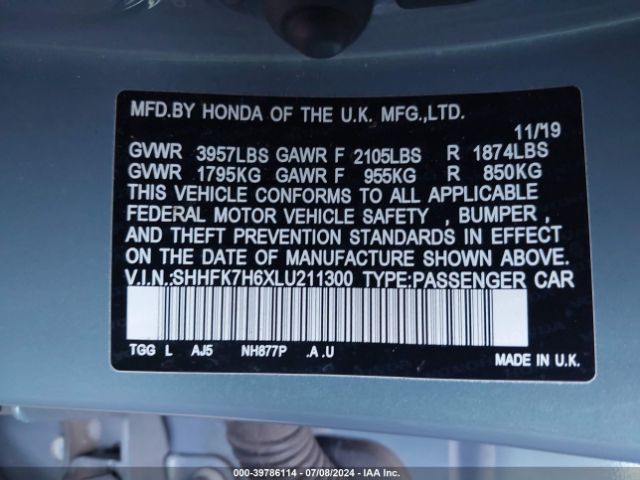 SHHFK7H6XLU211300 Honda CIVIC EX