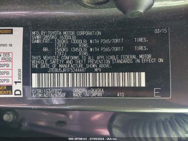 Toyota 4RUNNER SR5 2015 JTEBU5JR1F5244447 Image 9