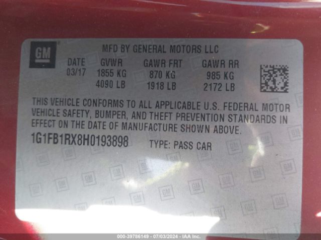 1G1FB1RX8H0193898 Chevrolet Camaro 1lt