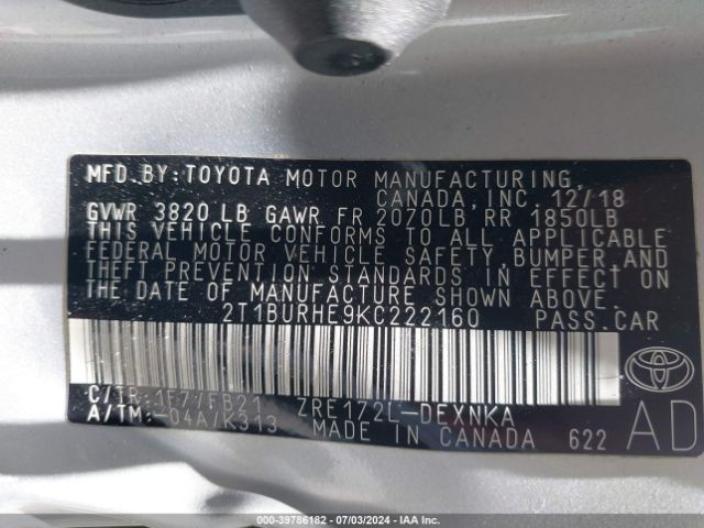 2T1BURHE9KC222160 Toyota COROLLA LE