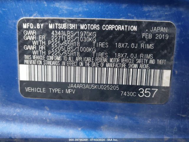 JA4AR3AU5KU025205 Mitsubishi Outlander Sport 2.0 Le
