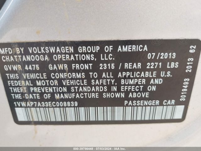 1VWAP7A33EC008839 Volkswagen Passat 2.5l S