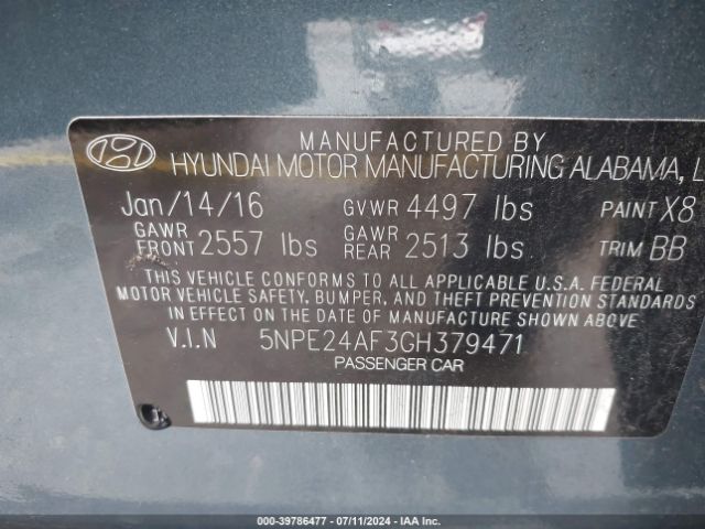 5NPE24AF3GH379471 Hyundai SONATA SE