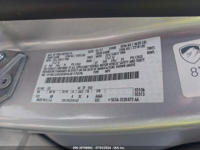 Ford ESCAPE SE 2017 1FMCU0GD9HUE17076 Image 9