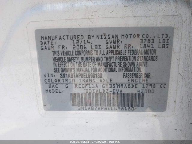 Nissan SENTRA SV 2014 3N1AB7AP8EL698180 Image 9