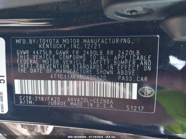 Toyota CAMRY LE 2022 4T1C11AK7NU656420 Image 9