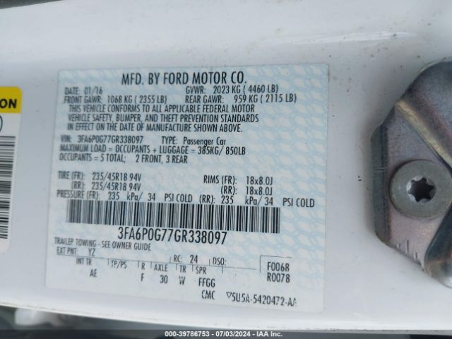 3FA6P0G77GR338097 Ford FUSION S