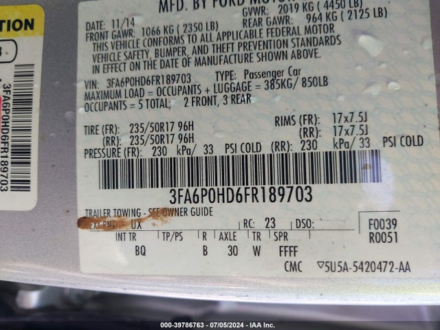 Ford FUSION SE 2015 3FA6P0HD6FR189703 Image 9