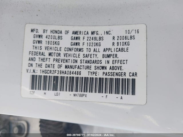 Honda ACCORD LX 2017 1HGCR2F39HA084486 Image 9