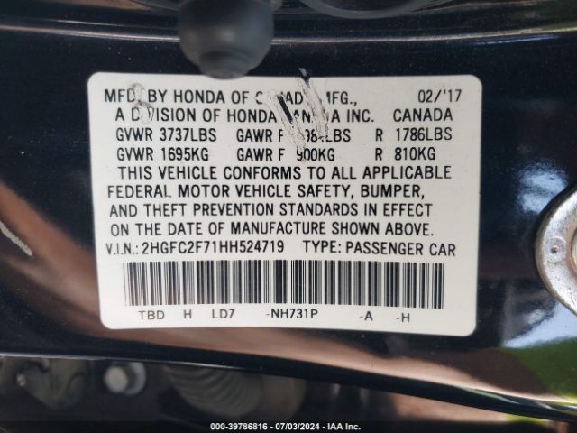 2HGFC2F71HH524719 Honda CIVIC EX