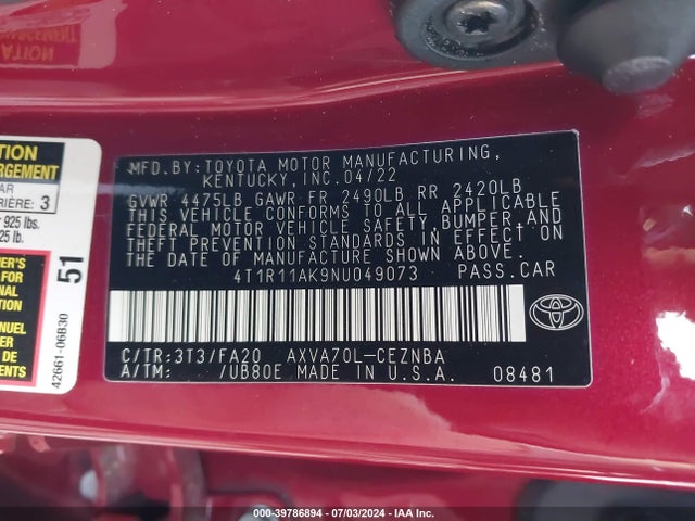 Toyota CAMRY LE 2022 4T1R11AK9NU049073 Image 9