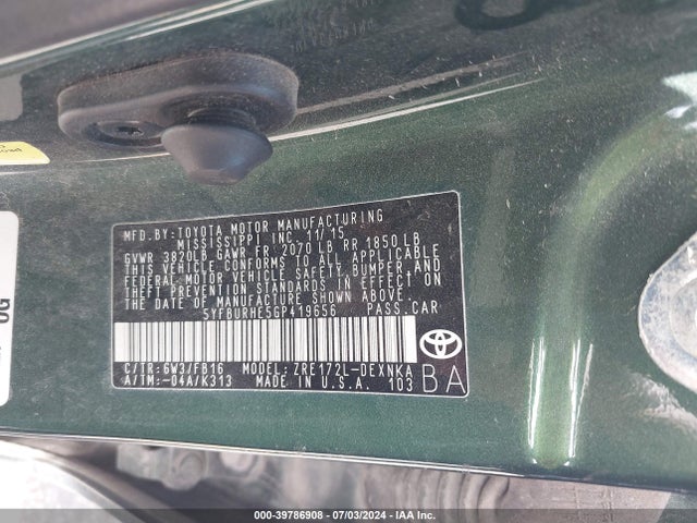 Toyota COROLLA LE 2016 5YFBURHE5GP419656 Image 9