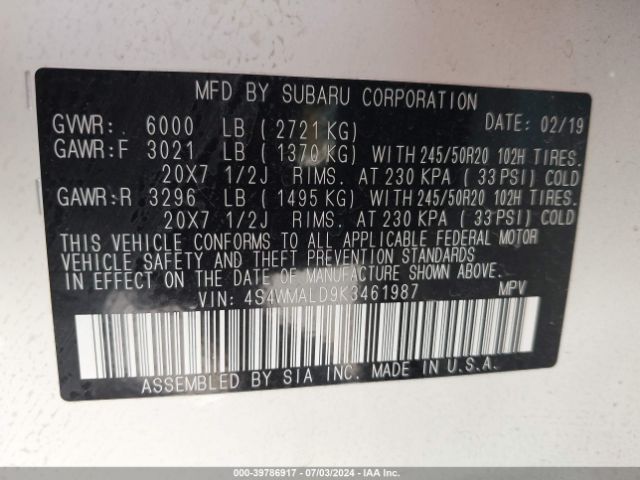 4S4WMALD9K3461987 Subaru Ascent Limited